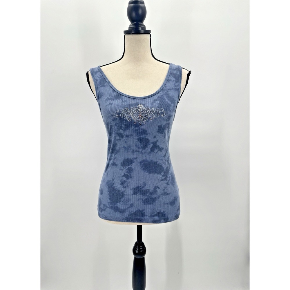 Eco Blue Tie Dye Tank Top Large Organic Cotton Rhinestone Embroidered Western